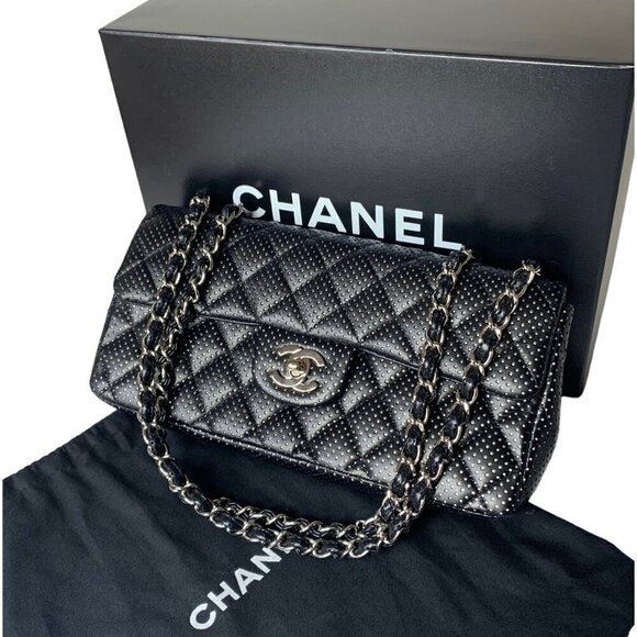 Chanel East West Classic Shoulder Flap Bag Black Quilted Perforated Leather - Picture 2 of 16